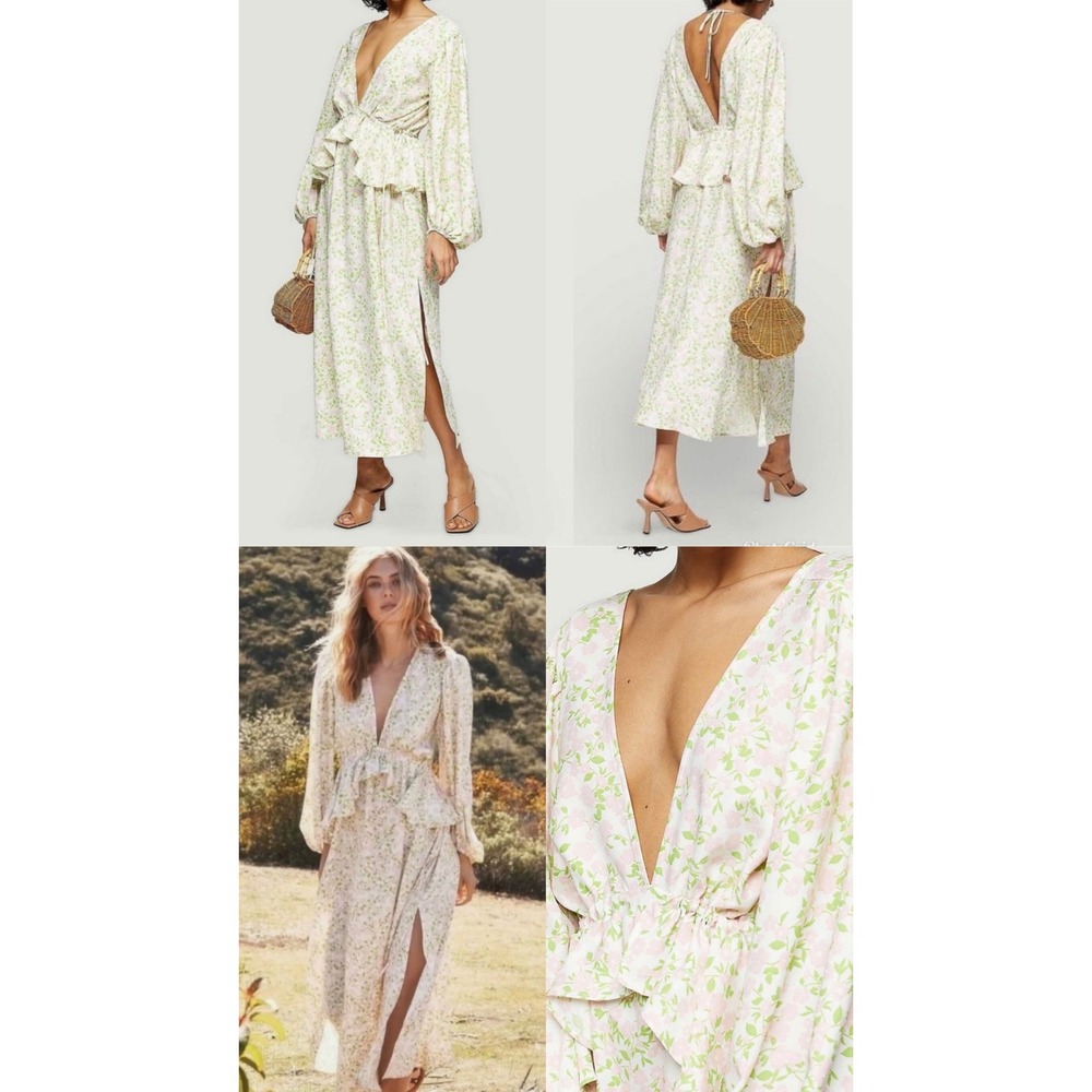 Topshop Floral Peplum Maxi Dress Pink Green V-Neck Open Back Slit Size US 6
